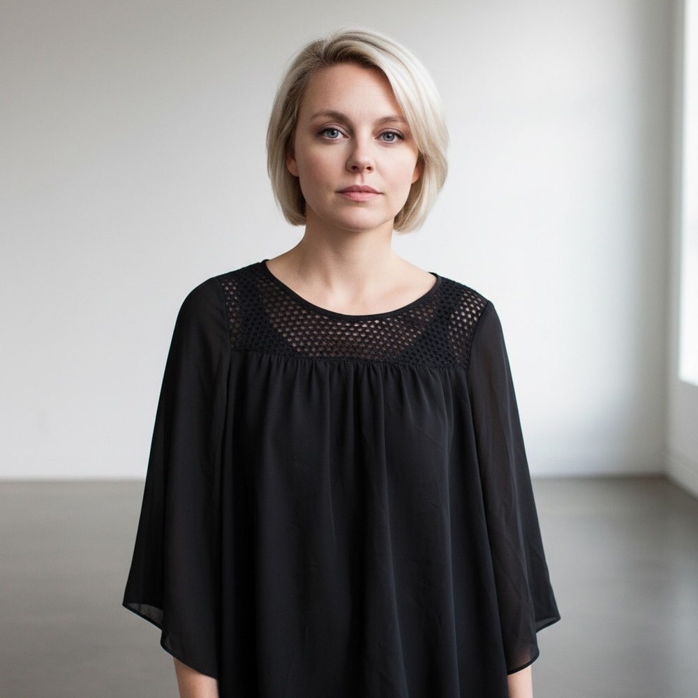 AB Studio Black Chiffon Lace Blouse – Size Large